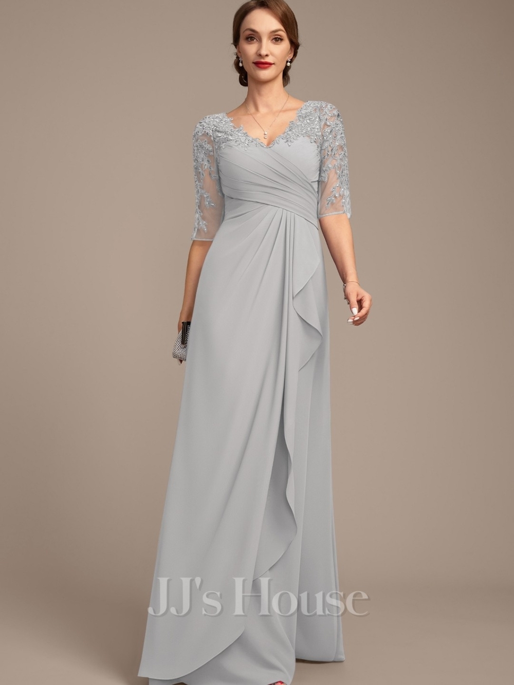 JJ's House Kalysia Silver Lace Chiffon Gown NWT Sz 4